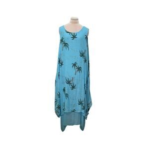 Aqua Palm Tree Double Gauze Maxi Dress ONE SIZE Layered Pockets Flowy Boho Beach
